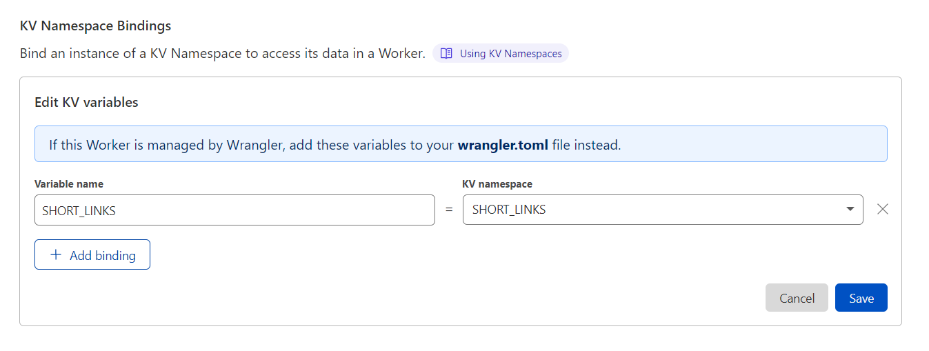 Worker KV bound to the Worker /cloudflare-workers-link-shortener/images/6-filled-binding.png